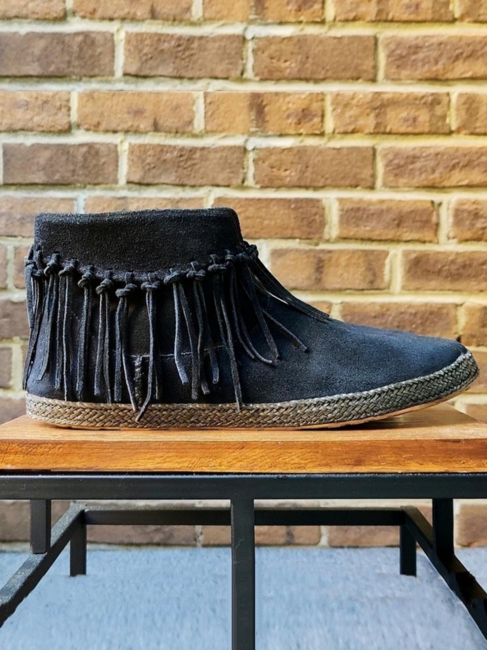 UGG Black Suede Fringe Moccasin Ankle Booties Side Zip Flat Braided Women's 9.5